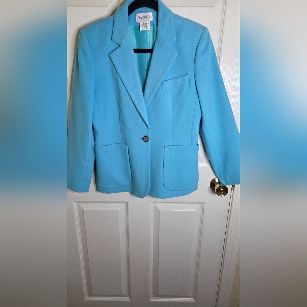 Chadwick's 6P Sky Blue WOOL CASHMERE Blend  Pockets 1 Button Lined Women Blazer